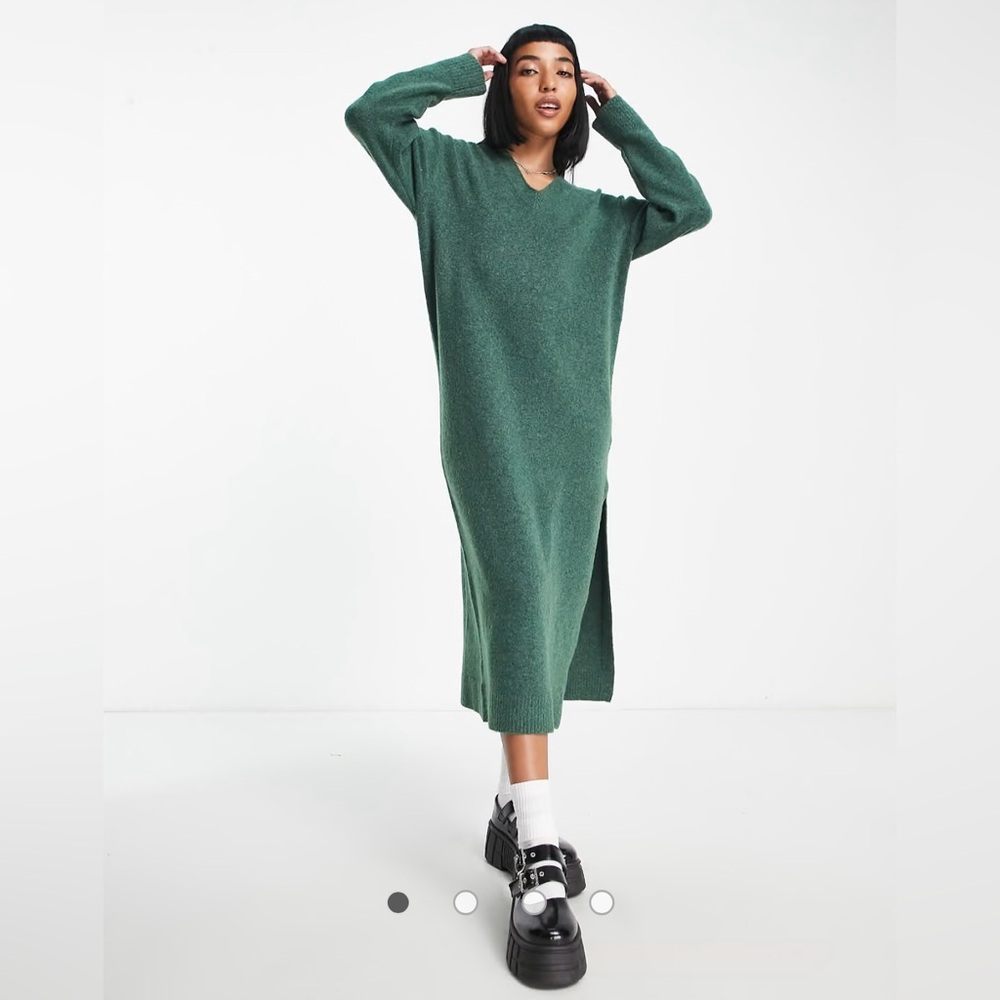 Weekday Ellen midi sweater dress with v neck detail in forest green